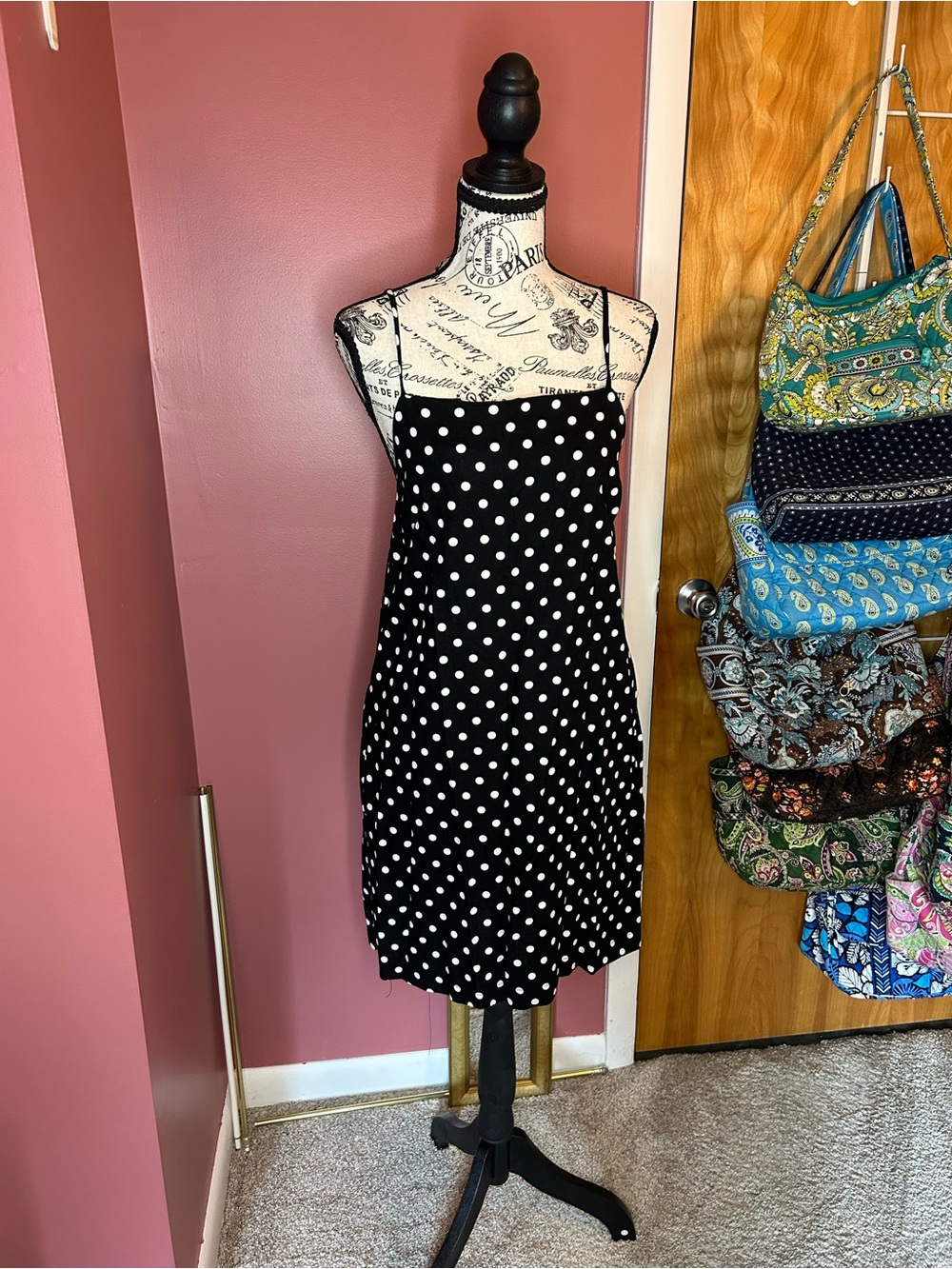 Black Polka Dot linen blend  cocktail Slip Dress